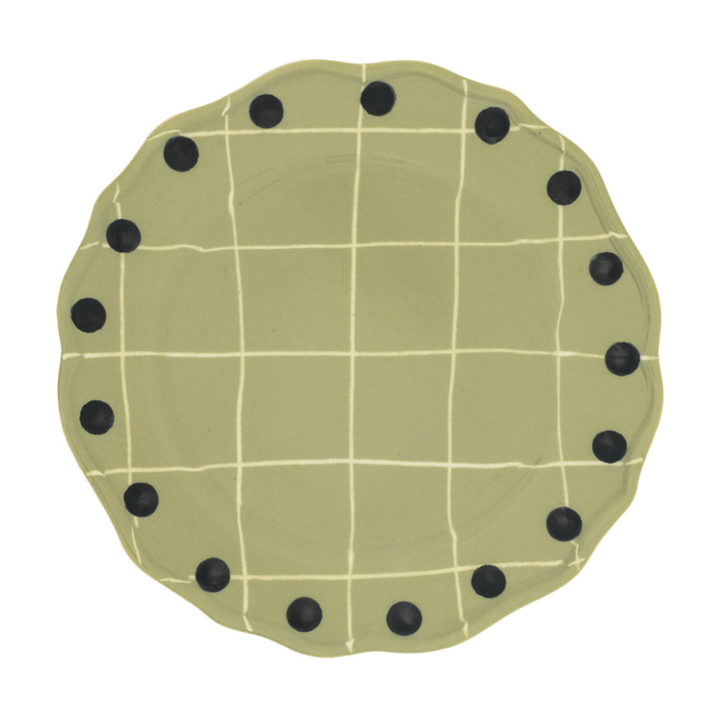 Plato llano con cuadros y puntos verde