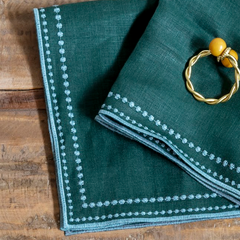 Juego de 2 servilletas de lino 'Letizia' verde con bordados en azul