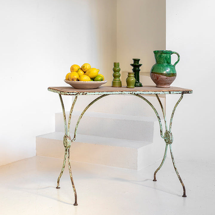 Mesa rectangular de madera y hierro verde agua