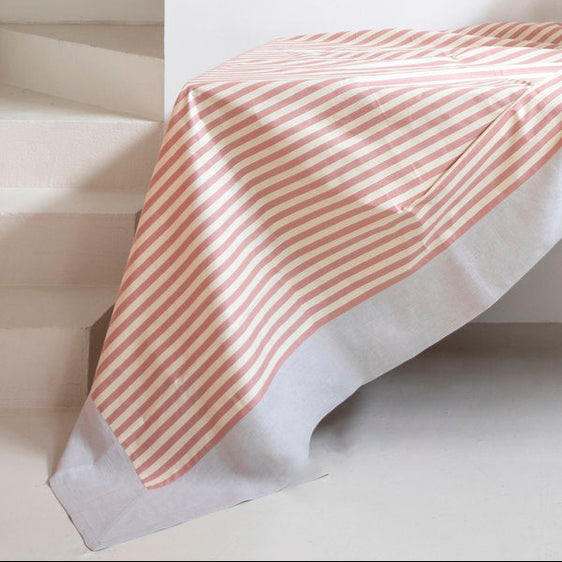Mantel de algodón resinado 'Bauhaus' con rayas rosa y cenefa piedra