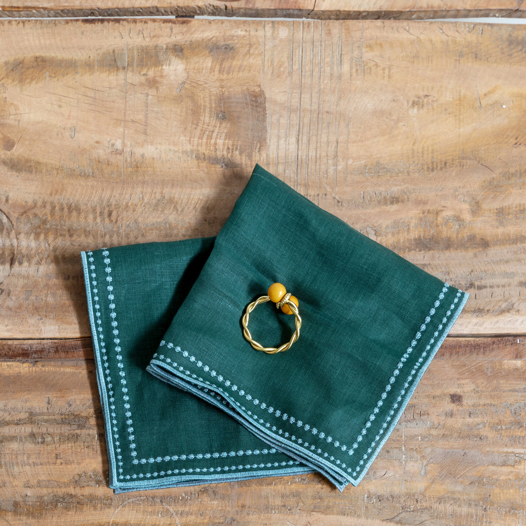 Juego de 2 servilletas de lino 'Letizia' verde con bordados en azul