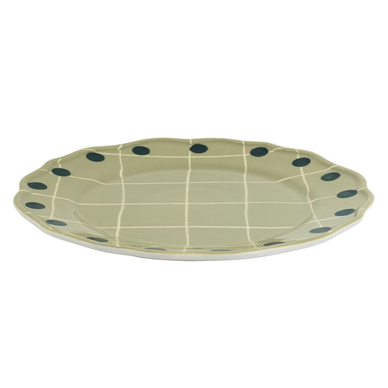 Plato llano con cuadros y puntos verde