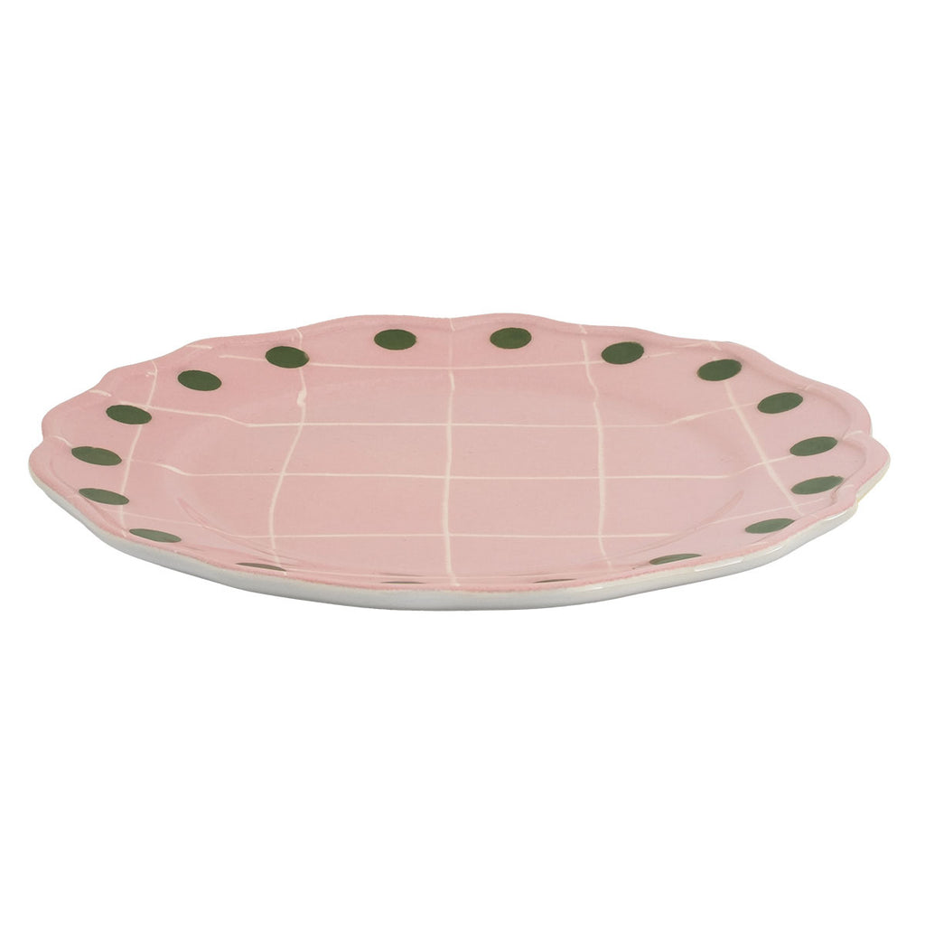 Plato llano con cuadros y puntos rosa