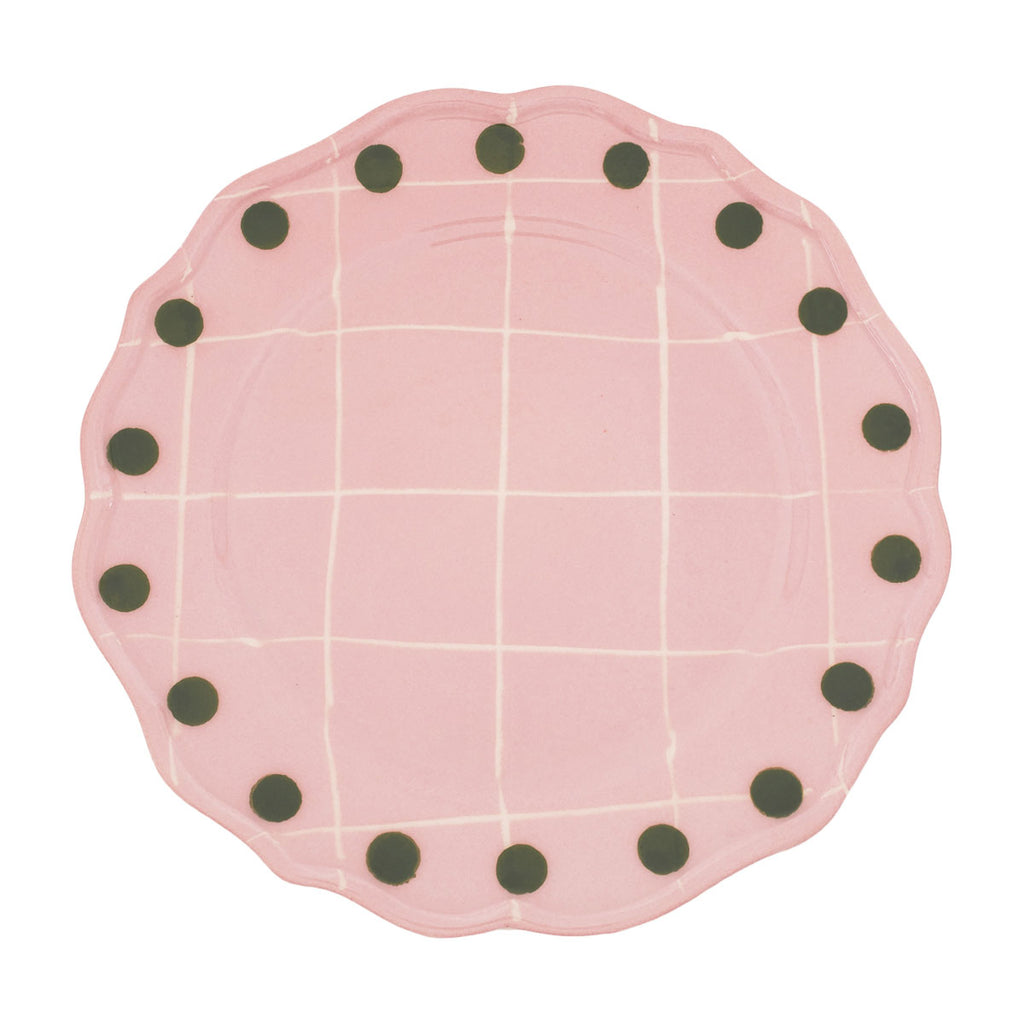Plato llano con cuadros y puntos rosa