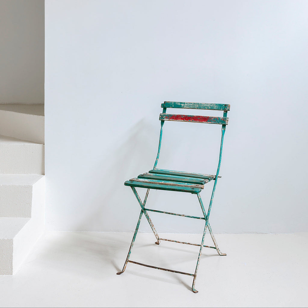 Silla plegable francesa de jardín en hierro patinado verde y rojo
