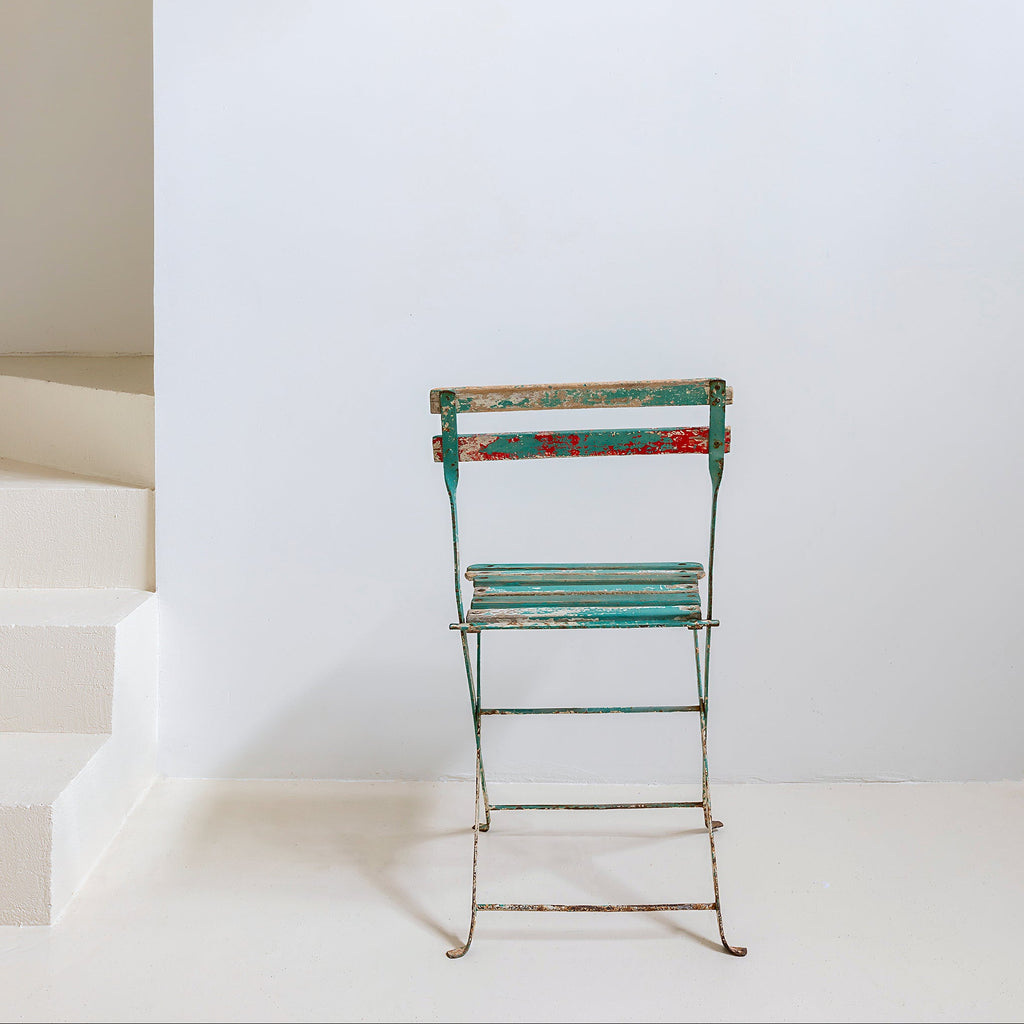 Silla plegable francesa de jardín en hierro patinado verde y rojo